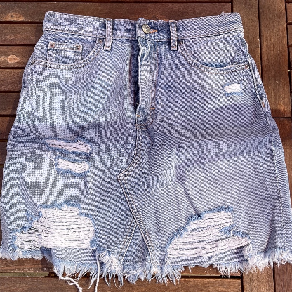 H&M Light Blue Distressed Denim Mini Skirt